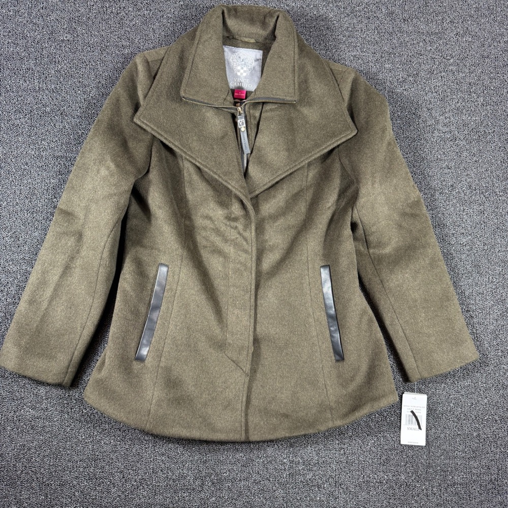 Vince Camuto High Low Wool Blend Zip Up Coat Women's S Olive Green Fixed Bib NWT